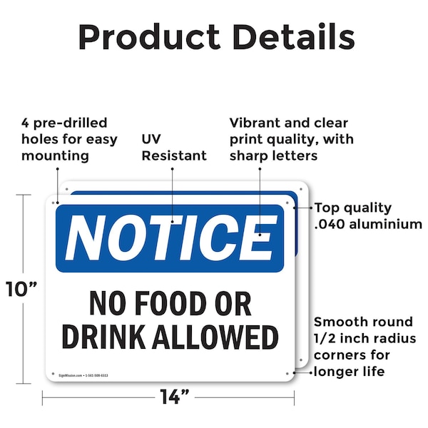 No Food Or Drink Allowed, 14 In W X Rectangle, Aluminum